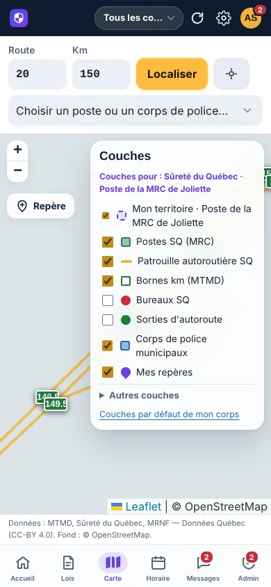 Carte avec les couches de la Sûreté du Québec