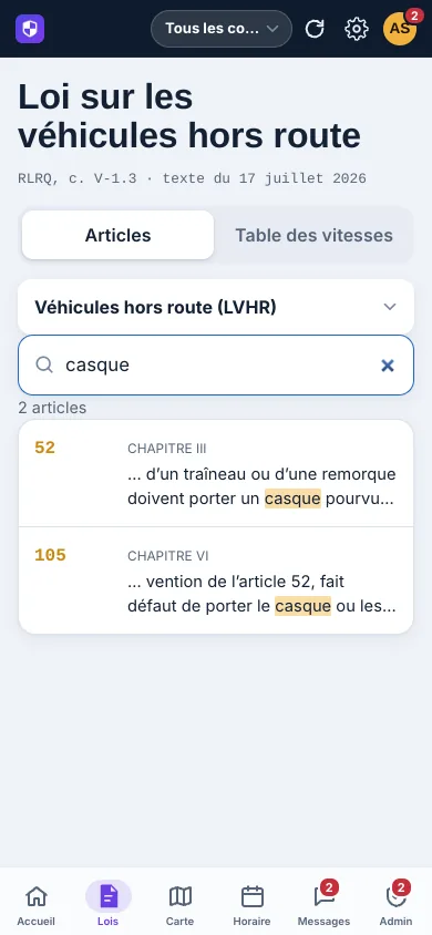 Recherche dans la Loi sur les véhicules hors route